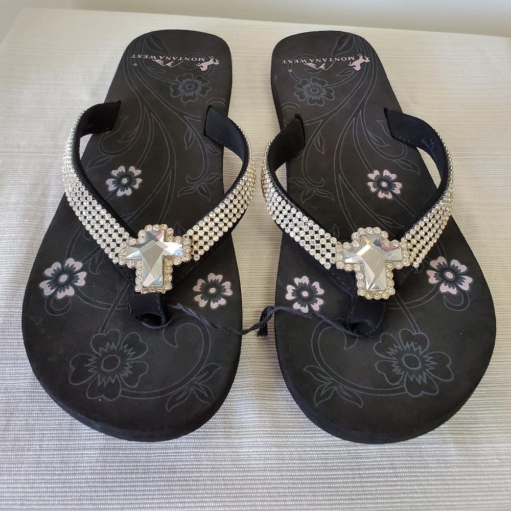 Montana West Flip Flops, Size 11, Black Bling, New